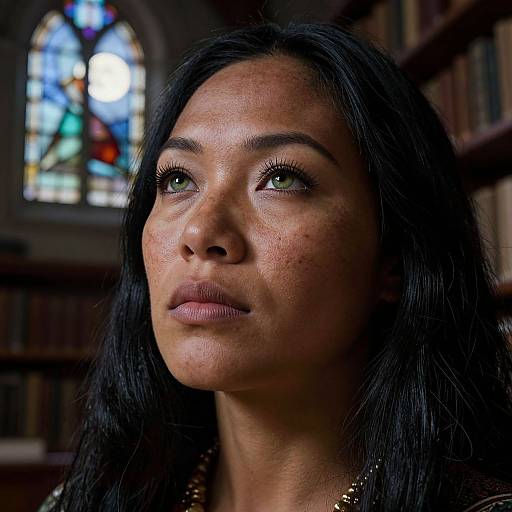 Photograph of a dark-haired woman with green eyes, looking upward in a dimly lit library with colorful stained glass in the background.