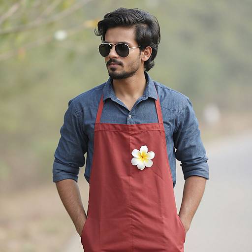 Photograph of a bearded man with dark hair, wearing sunglasses, a blue denim shirt, and a red apron with a white flower patch,