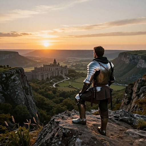 A medieval knight in shining armor stands on a rocky cliff, gazing at a sunset over a distant castle and rolling hills. Photorealistic digital art