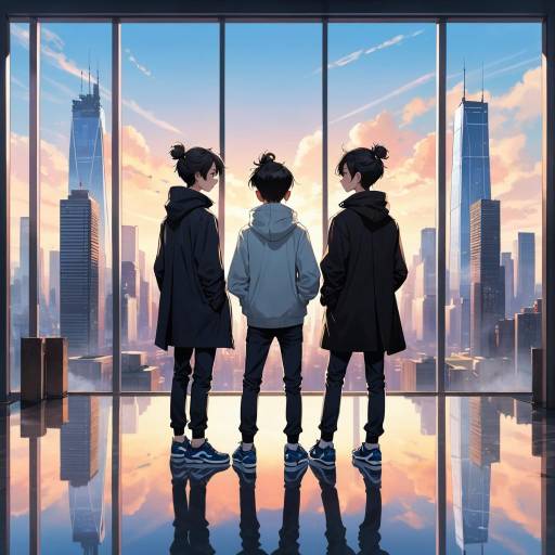Three young men overlooking city skyline at sunset