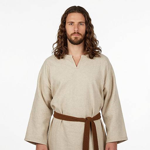 Photograph of a Caucasian man with long, wavy brown hair and beard, wearing a beige, long-sleeved robe with a brown belt,