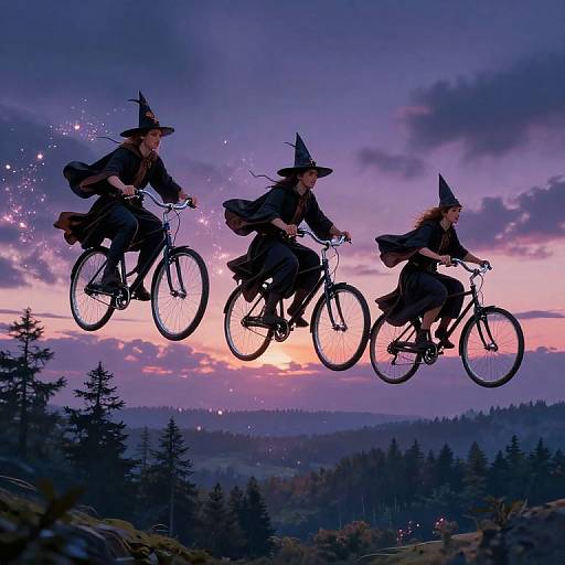 Photograph of three witches in black robes and hats, flying on bicycles against a purple and pink sunset sky, surrounded by dark, silhouetted