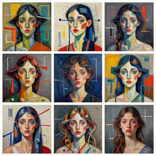 Digital painting collage of nine stylized portraits of women with diverse hair colors and styles, vibrant red cheeks, geometric background elements. Each woman has a unique