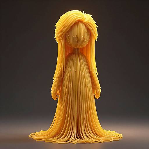Photograph of a golden, abstract sculpture resembling a humanoid figure with long, flowing, textured hair, standing against a dark gradient background.