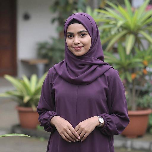 Young Woman in Purple Hijab Garden