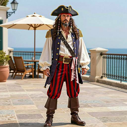 Man in Detailed Pirate Costume by the Sea