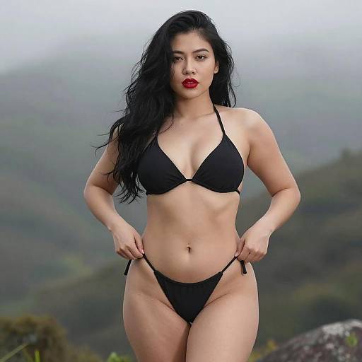 Confident Curvy Woman in Black Bikini