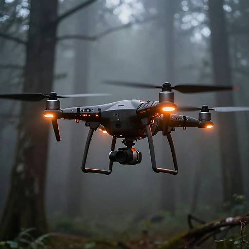 Photograph of a black drone with glowing orange lights hovering in a misty, dense forest, blurred tree trunks in the background.