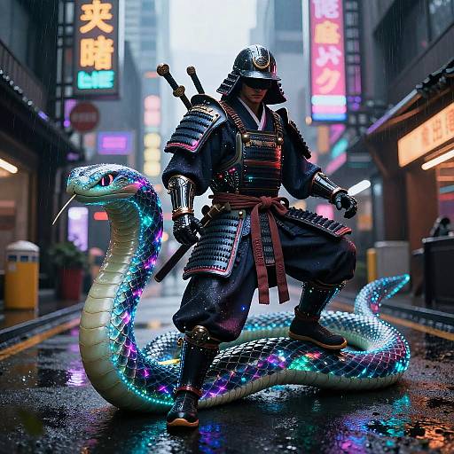 Digital art: Samurai warrior in glowing armor, helmet, and katana, kneels beside a bioluminescent snake in a neon-lit,