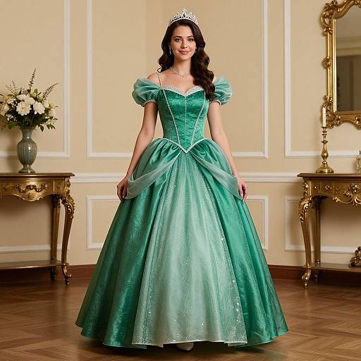 Photograph of a smiling woman in a teal, satin princess gown with puffed sleeves, white tiara, standing in an elegant room with gold furniture