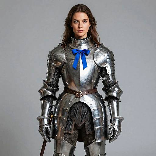 Confident Woman in Reflective Medieval Armor