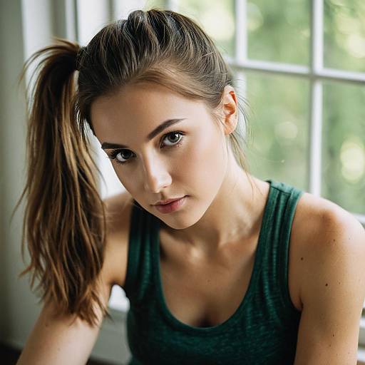 Photograph of a young woman with light skin, brown eyes, and brown ponytail, wearing a green tank top, looking intently at the camera