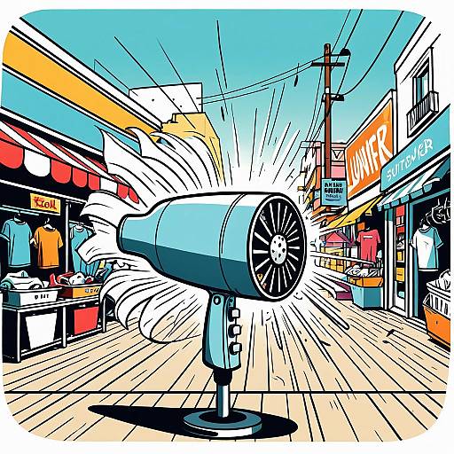 Cartoon Hairdryer Causing Chaos on Beach Boardwalk