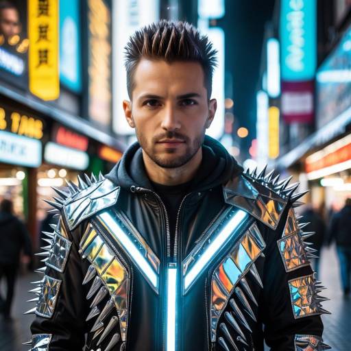 Man in futuristic spiked jacket at night