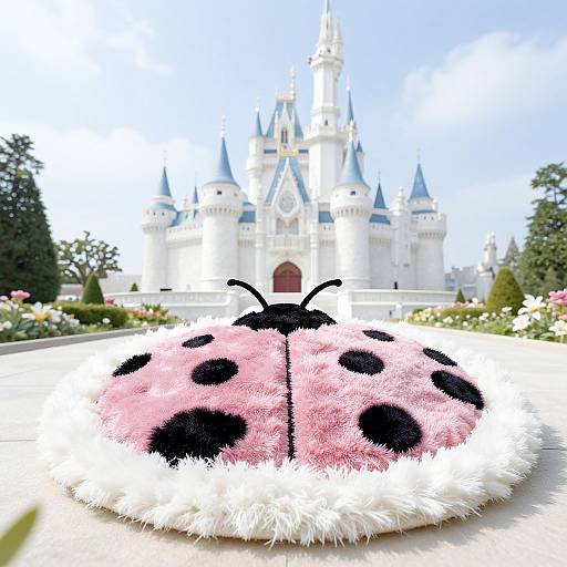 Photograph of a pink ladybug-shaped plush toy with black spots in the foreground, leading to a bright white fairy-tale castle in the background,