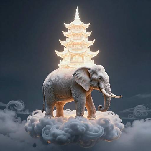 Photorealistic digital art of a glowing, ornate pagoda on an elephant's back, standing on a cloud, against a dark, cloudy sky