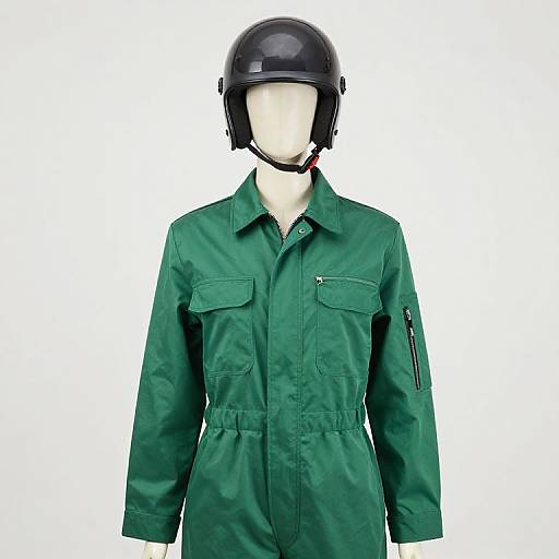 Photograph of a faceless mannequin wearing a green military-style jacket with chest pockets, black helmet, and white background.