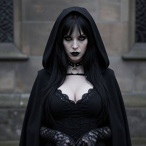 Gothic woman in black lace dress and hooded cloak, pale skin, dark makeup, black lipstick, choker with ring, lace gloves,