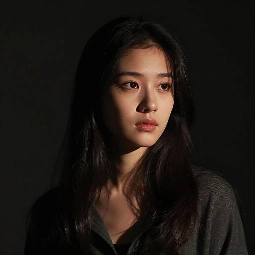 Photograph of an Asian woman with long black hair, illuminated from the side, against a dark background. She wears a black top, with soft,