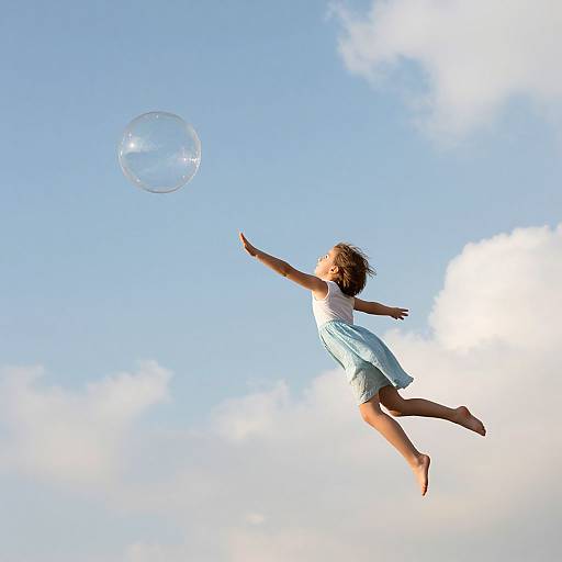 Photograph of a young girl with light brown hair, wearing a white sleeveless top and light blue skirt, jumping against a bright blue sky, reaching