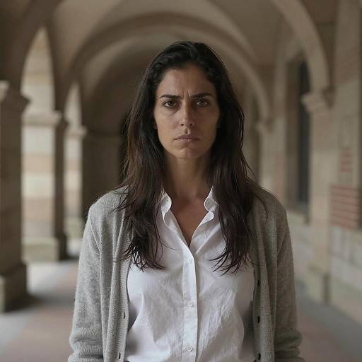 Serious Woman in Stone Corridor