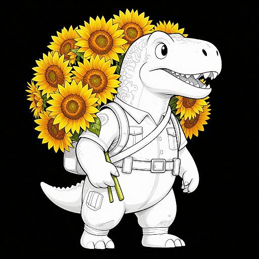 Digital drawing of a cartoon white dinosaur wearing a backpack, holding sunflowers in its mouth, and carrying a large bouquet of sunflowers on its back.