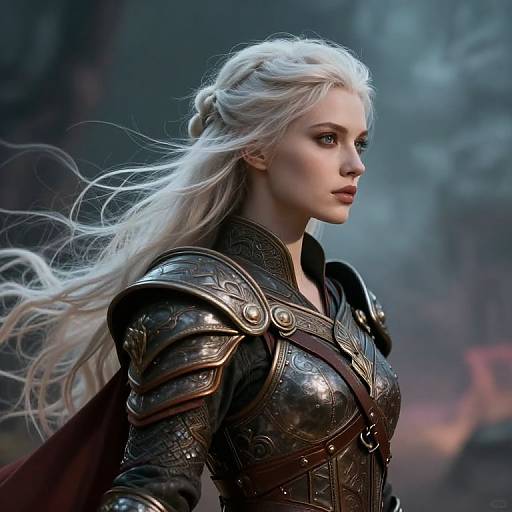 Digital artwork of a strong, pale-skinned woman with long white hair, wearing ornate black medieval armor, gazing forward against a misty,