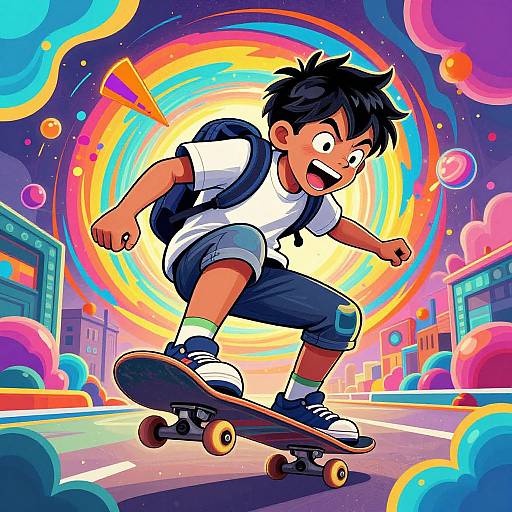 Colorful digital illustration of a thrilled, young boy with black hair skateboarding in a vibrant, cosmic cityscape with neon lights and floating bubbles.