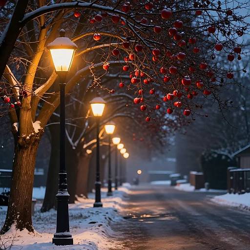 Photograph of a snowy, dark street at night, illuminated by warm yellow street lamps, with red Christmas ornaments on bare trees.