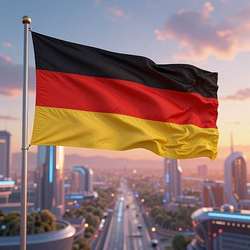 Photograph of German flag waving against a sunset cityscape with modern skyscrapers, bustling streets, and a clear sky.