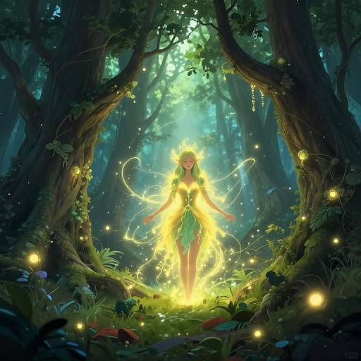 Digital fantasy art: Glowing fairy with yellow aura, green dress, and luminescent wings stands in a mystical, luminous forest. Ench