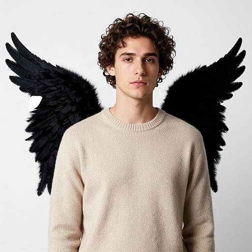 Photograph of a young man with curly brown hair, light skin, wearing a beige sweater, with large black feathered wings behind him, against a