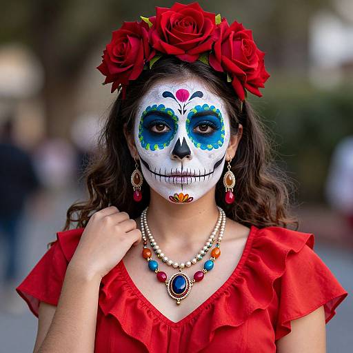 Photograph of a young woman with white face paint, blue and green eye designs, red roses in hair, red dress, beaded necklace, and
