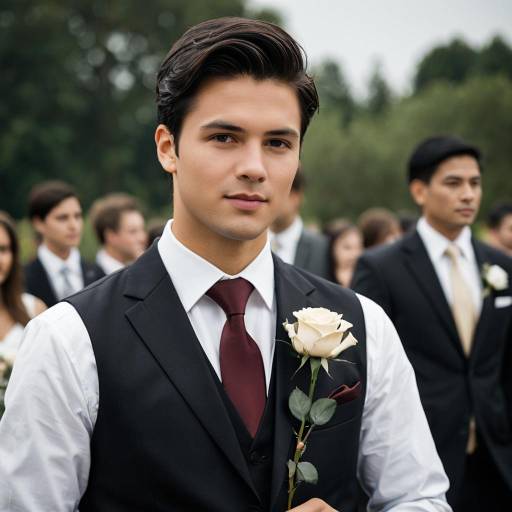 Groom Holding White Rose in Formal Suit