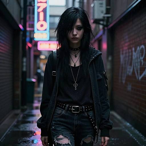 Gothic-style woman with black hair, dark clothes, and cross necklace walks down a neon-lit, rain-soaked alley at night. Photograph