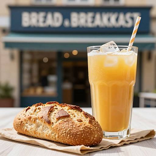 Photograph of a glass of orange juice with a straw and a sesame-seeded baguette on a cloth in front of a 