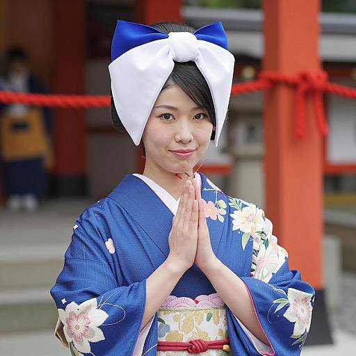 Asian Woman in Kimono Praying at Shrine