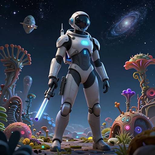 CGI image of a white armored astronaut with a glowing blue visor and weapon, standing in a colorful, alien planet landscape with mushrooms, floating orbs