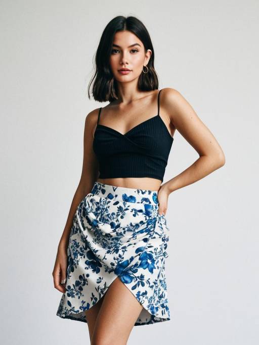 Young woman in black crop top and floral skirt