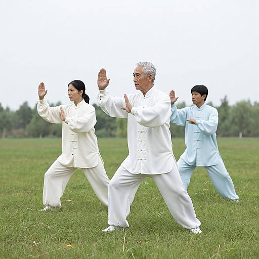 Photograph of three Asian martial artists in white uniforms performing a synchronized fighting stance on a grassy field. Background includes trees and an overcast sky.