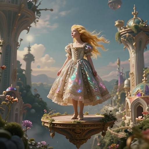 CGI fantasy scene: A blonde girl in a sparkly, pastel-colored dress stands on a floating pedestal, surrounded by whimsical, colorful buildings
