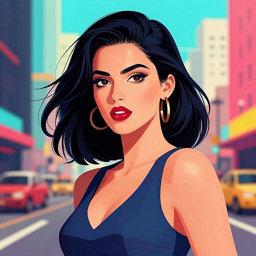 Digital illustration of a confident, dark-haired woman with red lips, wearing a navy tank top and large hoop earrings, standing in a vibrant, bustling city