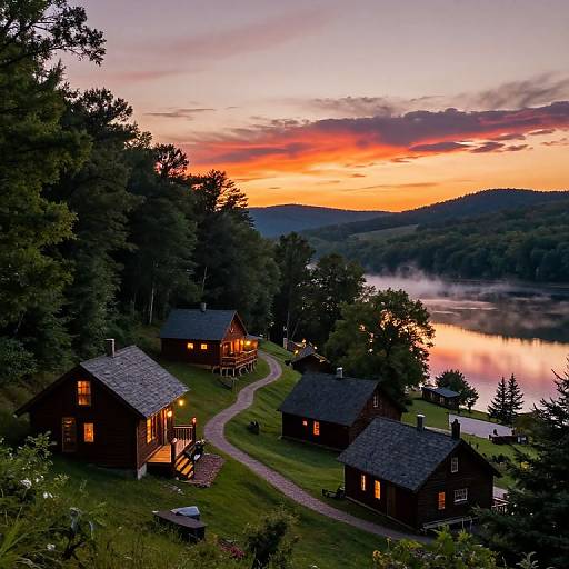 Rustic Cabins by Lake at Sunset in Ozark Mountains