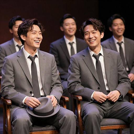 Group of Men in Gray Suits Laughing in Theater