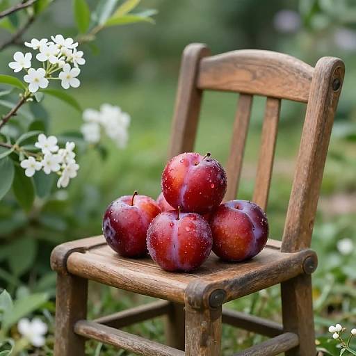 Organic Red Plums on Rustic Chair