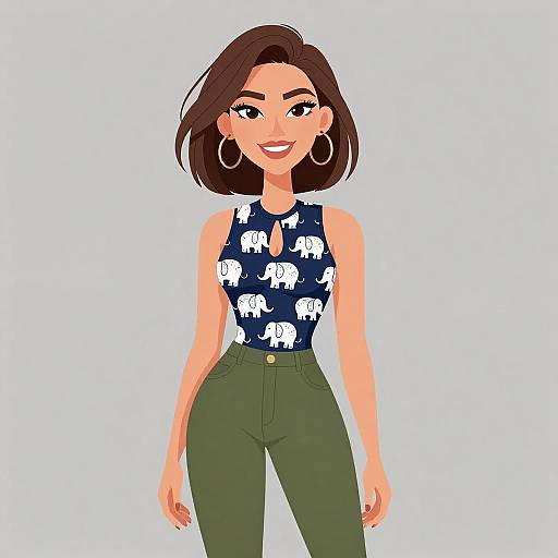Digital illustration of a smiling woman with short brown hair, wearing large hoop earrings, a navy blue elephant-print top, and green high-waisted pants