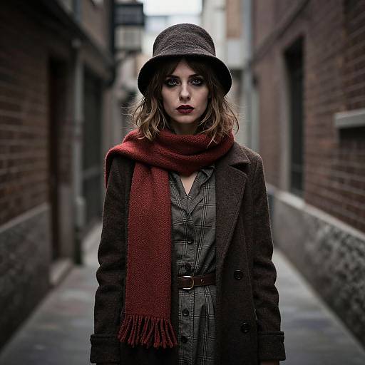 Photograph of a pale-skinned woman with dark makeup, wearing a brown hat, dark coat, red scarf, and plaid shirt, standing in