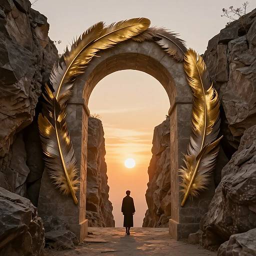 Silhouetted figure in long coat walks through ornate archway adorned with golden feathers, framed by rocky cliffs at sunset.
