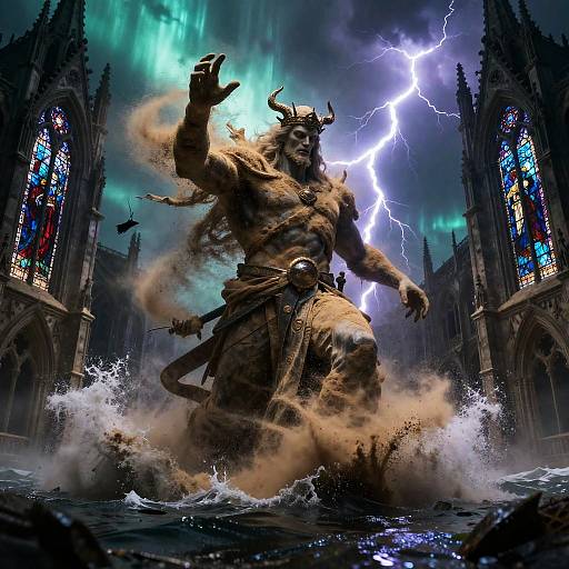 Digital artwork of a muscular, horned demon god emerging from water in a stormy, gothic cathedral with lightning, surrounded by splashing water.