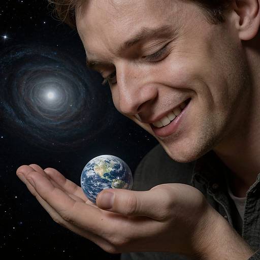 Photograph of a smiling man with short brown hair, holding a small Earth in his hand, against a dark space background with a spiral galaxy.